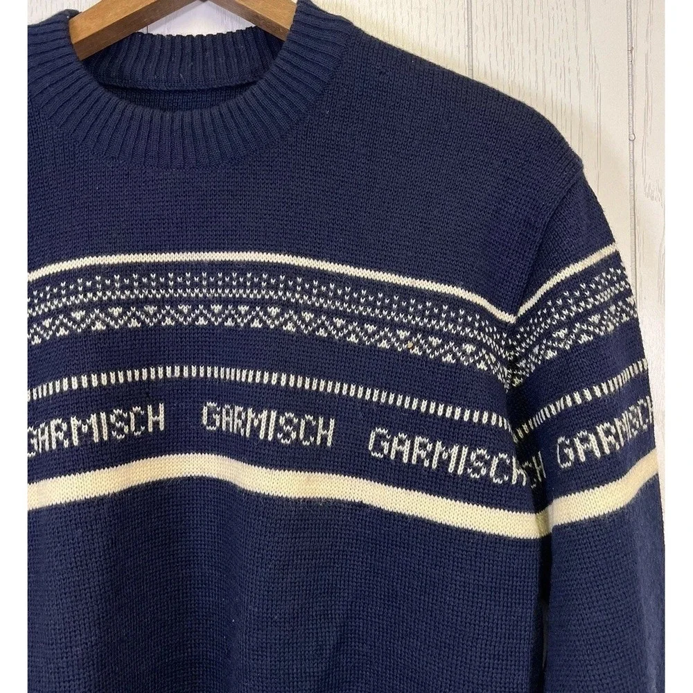 Vintage 80's Garmisch Sweater Bavarian Alps Ski  Zugspitze Germany Blue *READ*